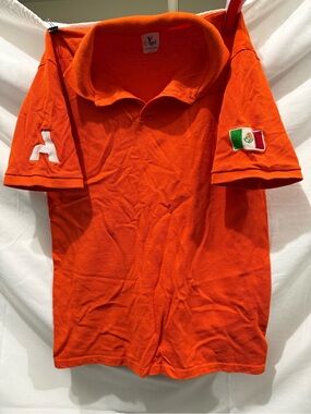Bright Orange Polo Shirt with Mexican Flag Patch- Size M Mens